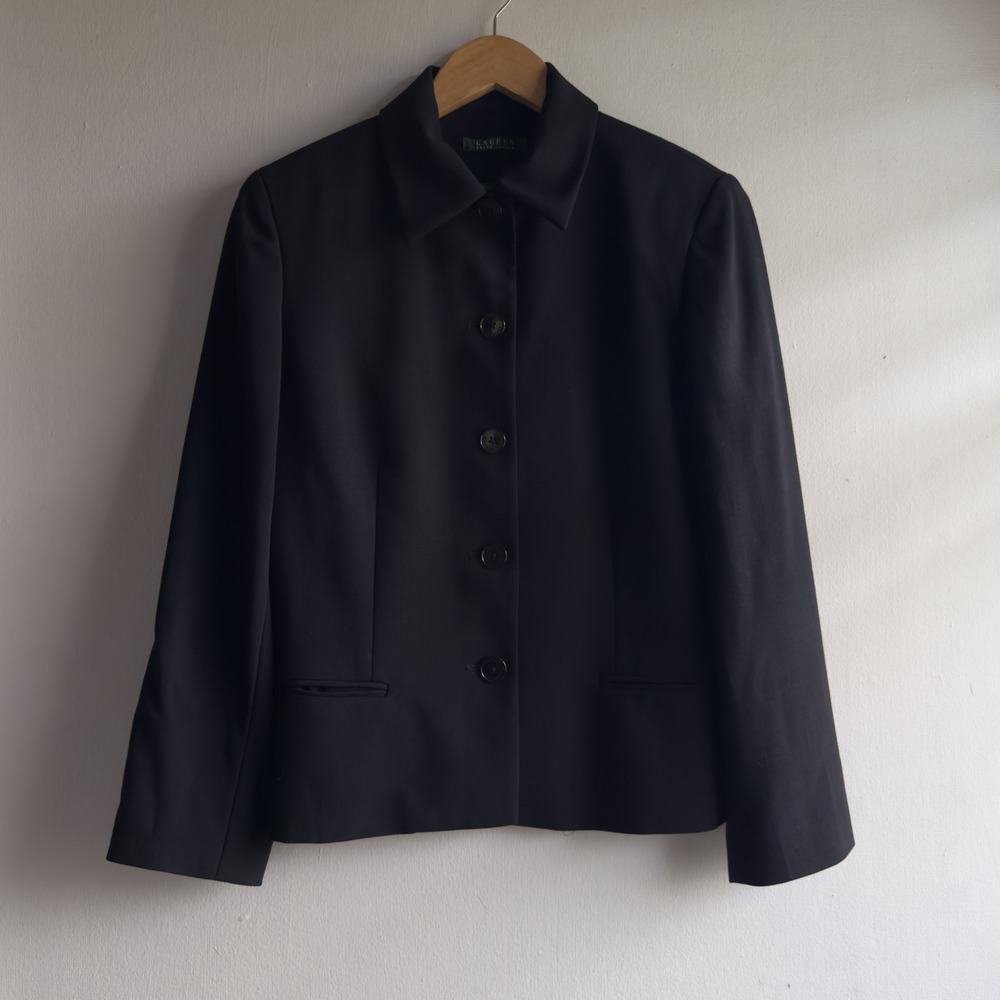 Lauren Ralph Lauren Wool Button Down Blazer Women 8 Black Minimalist Office